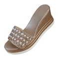 thumbnail image 1 of Xfvqtps Wedge Sandals for Women Rhinestone and Pearl Embellished Sparkly Chunky Heel Slides for Weddings Parties Comfortable Open Toe Dressy Slippers, 1 of 9