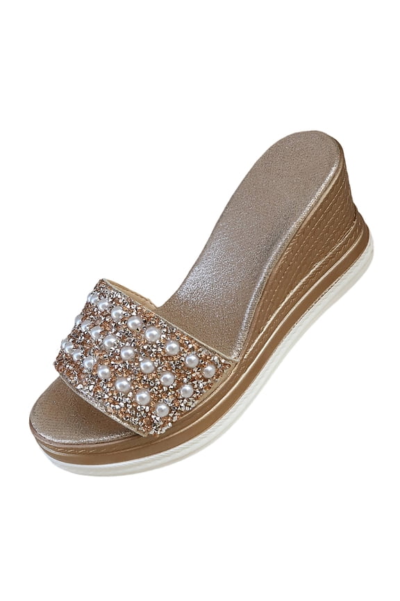 Wedge Sandals for Women Rhinestone and Pearl Embellished Sparkly Chunky Heel Slides for Weddings Parties Comfortable Open Toe Dressy Slippers