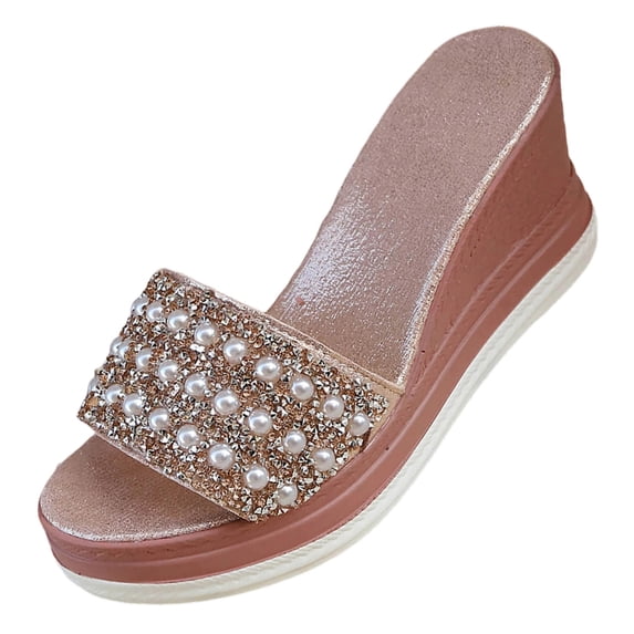Xfvqtps Wedge Sandals for Women Rhinestone and Pearl Embellished Sparkly Chunky Heel Slides for Weddings Parties Comfortable Open Toe Dressy Slippers
