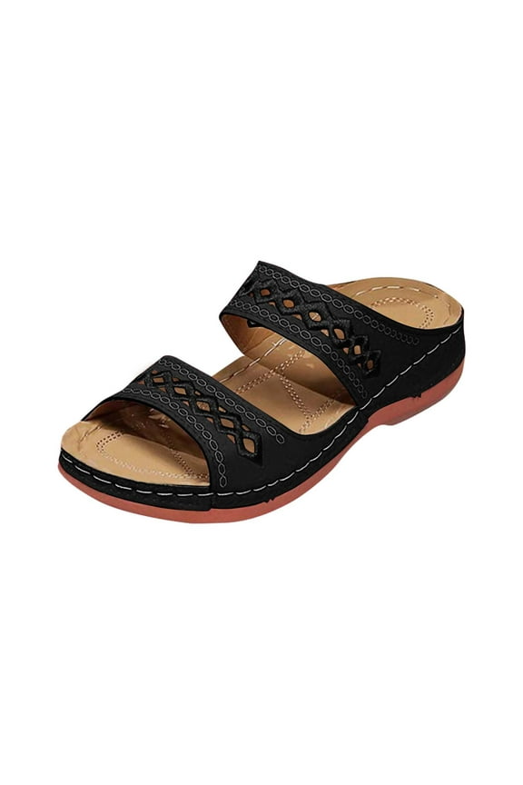 Wedge Sandals for Women Slide Double Straps Hollow out Open Toe Soft Sole Non Slip Walking Beach Summer Slide Sandals Black