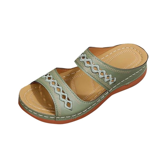 Xfvqtps Wedge Sandals for Women Slide Double Straps Hollow out Open Toe Soft Sole Non Slip Walking Beach Summer Slide Sandals Green