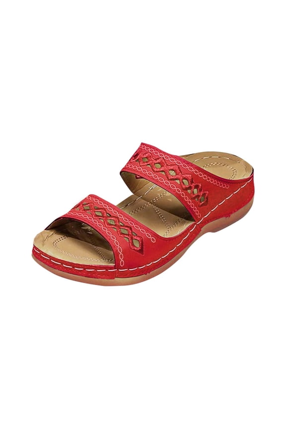 Wedge Sandals for Women Slide Double Straps Hollow out Open Toe Soft Sole Non Slip Walking Beach Summer Slide Sandals Red