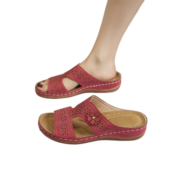 Xfvqtps Wedge Sandals for Women Slide Flower Decor Hollow out Cutout Arch Support Soft Sole Non Slip Comfortable Walking Beach Summer Slippers Red