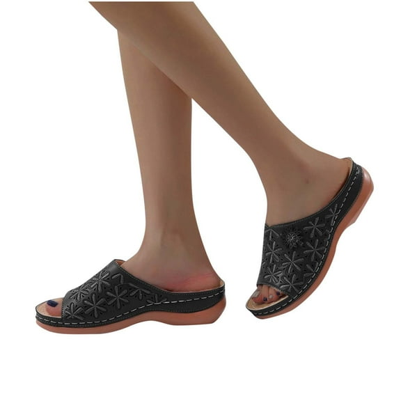 Xfvqtps Wedge Sandals for Women Slide Open Toe Arch Support Flower Embroidery Orthopedic Sandals Black