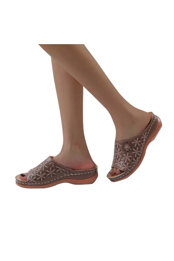 Wedge Sandals for Women Slide Open Toe Arch Support Flower Embroidery Orthopedic Sandals Coffee