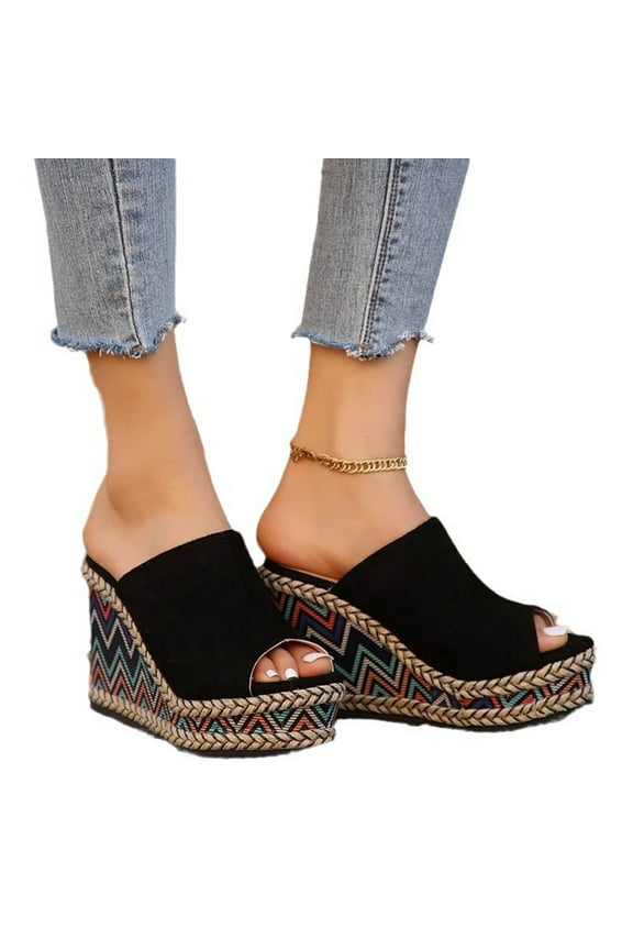 Wedge Sandals for Women Slide Flatform Peep Toe Bohemia Suede Non Slip Comfortable Breathable Summer Slide Sandals Black