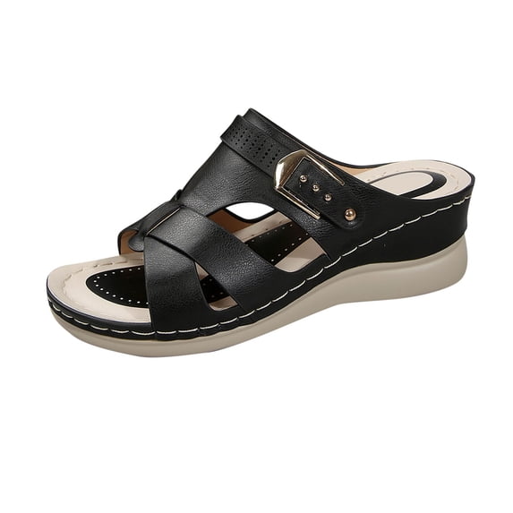 Xfvqtps Wedge Sandals for Women Slide Sandals Buckle Decor Open Toe Soft Sole Non Slip Flatform Sandals Black