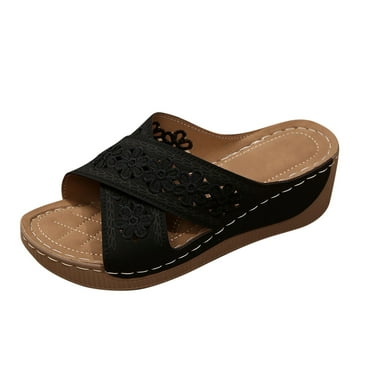 Xfvqtps Wedge Sandals for Women Slide Sandals Cross Straps Flower Embroidery Open Toe Summer Platform Sandals Black