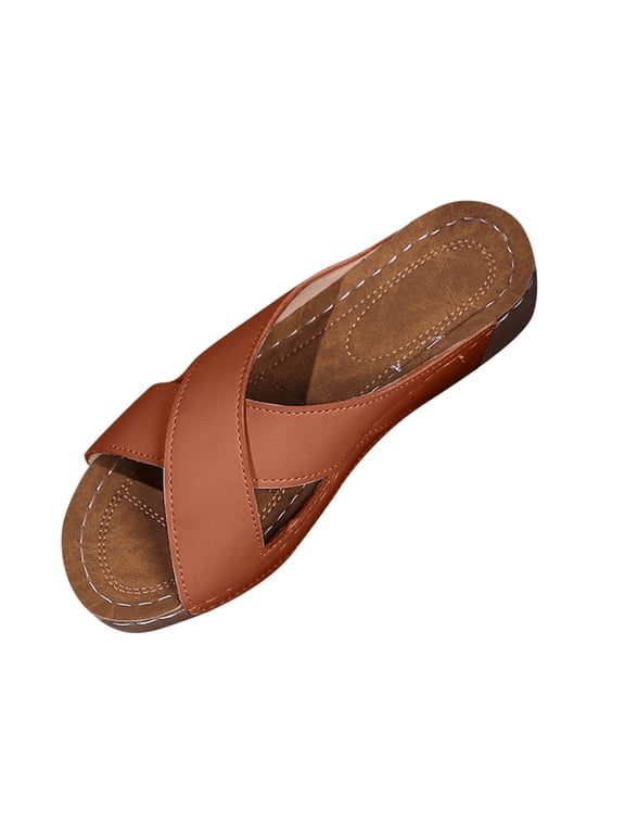 Wedge Sandals for Women Slide Sandals Cross Straps Open Toe Soft Sole Comfortable Summer Walking Sandals Brown