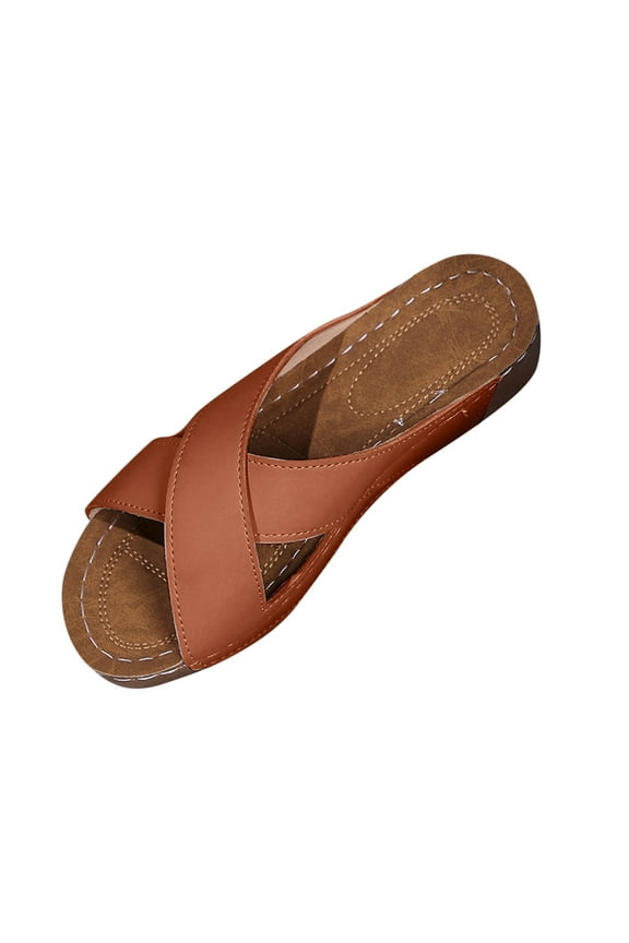 Wedge Sandals for Women Slide Sandals Cross Straps Open Toe Soft Sole Comfortable Summer Walking Sandals Brown