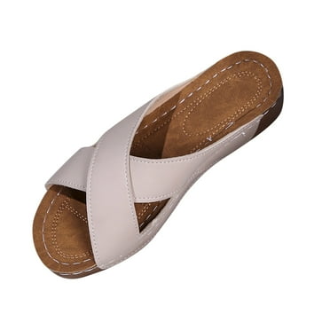 Xfvqtps Wedge Sandals for Women Slide Sandals Cross Straps Open Toe Soft Sole Comfortable Summer Walking Sandals Gray