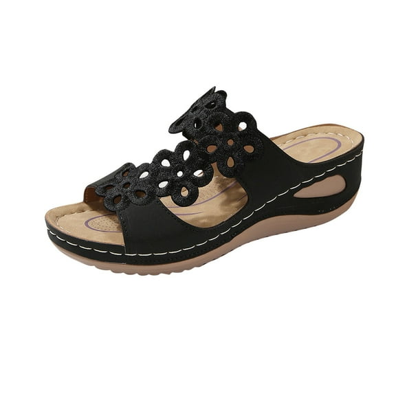 Xfvqtps Wedge Sandals for Women Slide Sandals Flower Embroidery Hollow out Open Toe Summer Flatform Sandals Black