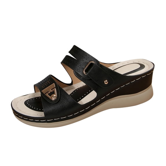 Xfvqtps Wedge Sandals for Women Slide Sandals Metal Decor Double Straps Open Toe Soft Sole Non Slip Flatform Sandals Black