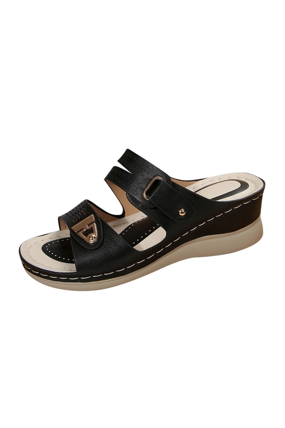 Wedge Sandals for Women Slide Sandals Metal Decor Double Straps Open Toe Soft Sole Non Slip Flatform Sandals Black