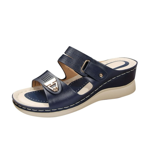 Xfvqtps Wedge Sandals for Women Slide Sandals Metal Decor Double Straps Open Toe Soft Sole Non Slip Flatform Sandals Blue