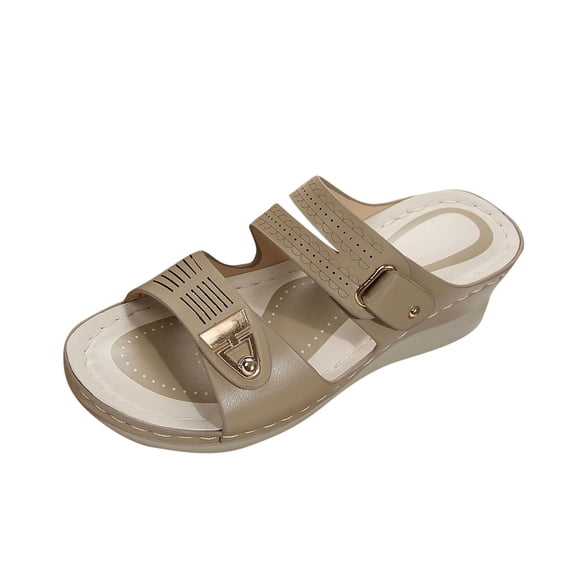 Xfvqtps Wedge Sandals for Women Slide Sandals Metal Decor Double Straps Open Toe Soft Sole Non Slip Flatform Sandals Gray