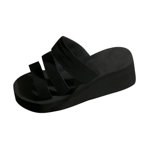 Xfvqtps Wedge Sandals for Women Slide Sandals Open Toe Three Straps Solid Color Soft Sole Non Slip Flatform Sandals Black