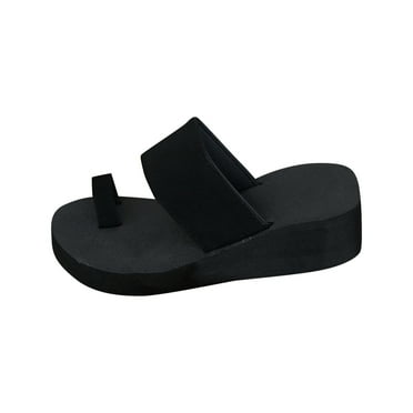 Xfvqtps Wedge Sandals for Women Slide Sandals Toe Ring Solid Color Soft Sole Non Slip Platform Sandals Black