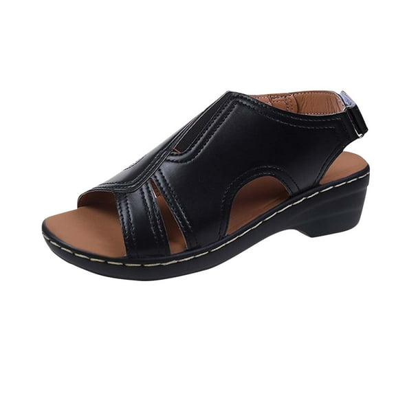 Xfvqtps Wedge Sandals for Women Slingback Open Toe Side Cutout Soft Sole Non Slip Summer Leather Sandals Black