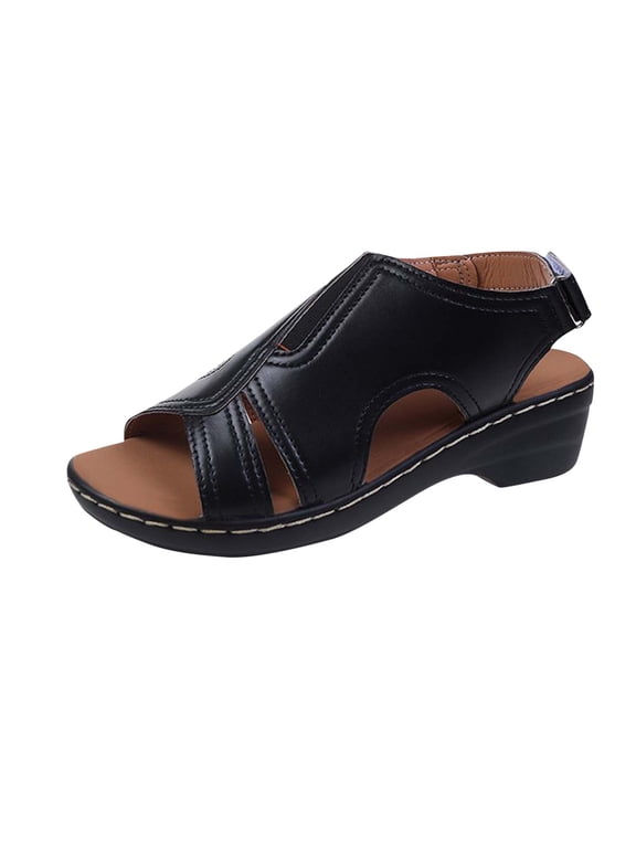 Wedge Sandals for Women Slingback Open Toe Side Cutout Soft Sole Non Slip Summer Leather Sandals Black