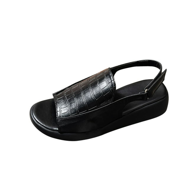 Xfvqtps Wedge Sandals for Women Slingback Velcro Stone Embossing Open Toe Soft Sole Non Slip Leather Summer Sandals Black