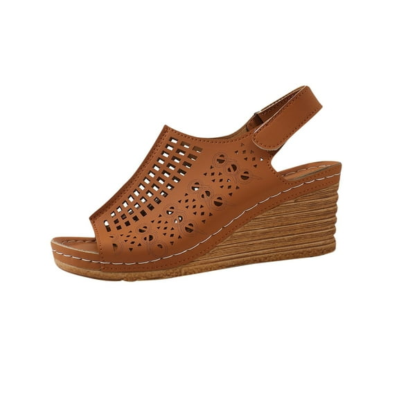 Xfvqtps Wedge Sandals for Women Slingback Hook and Loop Strap Peep Toe Hollow out Soft Sole Non Slip Breathable Summer Leather Sandals Brown