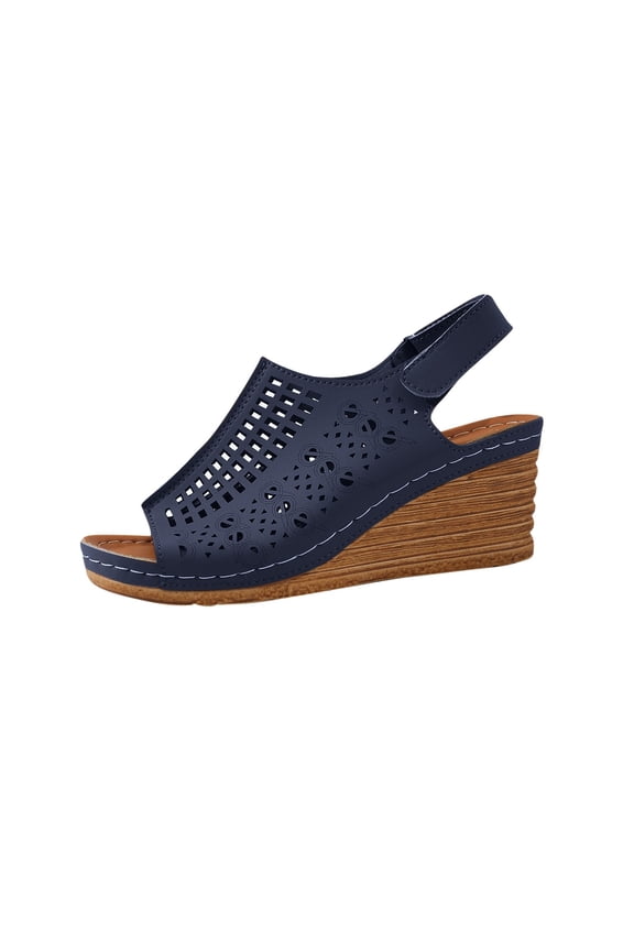 Wedge Sandals for Women Slingback Hook and Loop Strap Peep Toe Hollow out Soft Sole Non Slip Breathable Summer Leather Sandals Dark Blue