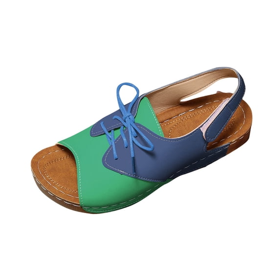 Xfvqtps Wedge Sandals for Women Slingback Hook and Loop Strap Peep Toe Lace up Color Block Flatform Orthopedic Sandals Green