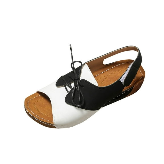 Xfvqtps Wedge Sandals for Women Slingback Hook and Loop Strap Peep Toe Lace up Color Block Flatform Orthopedic Sandals White