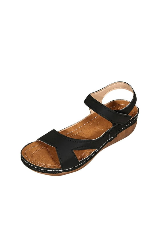Wedge Sandals for Women Hook and Loop Strap Open Toe Soft Sole Non Slip Comfortable Breathable Summer Sandals Black