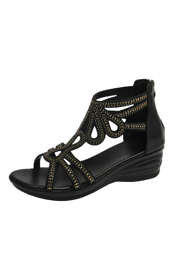Wedge Sandals for Women Zipper Back Rhinestone Straps Open Toe Soft Sole Comfortable Breathable Gladiator Sandals Black