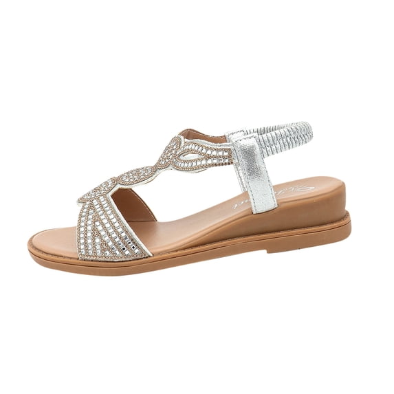 Xfvqtps Wedge Sandals for Womens Low Heel Elastic Open Toe Rhinestone Straps Soft Sole Non Slip Summer Roman Sandals Silver
