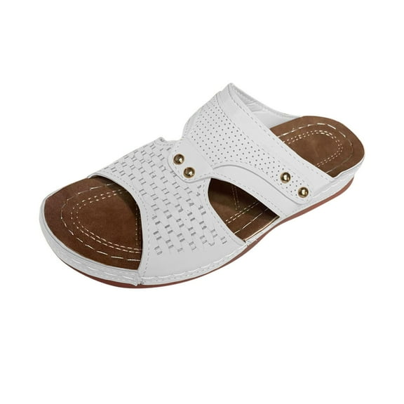 Xfvqtps Wedge Sandals for Womens Orthopedic Arch Support Leather Hollow out Side Cutout Soft Sole Non Slip Breathable Summer Slide Sandals White