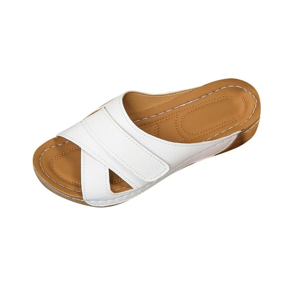 Xfvqtps Wedge Sandals for Womens Orthopedic Arch Support Leather Solid Color Cross Straps Soft Sole Non Slip Summer Slide Sandals White