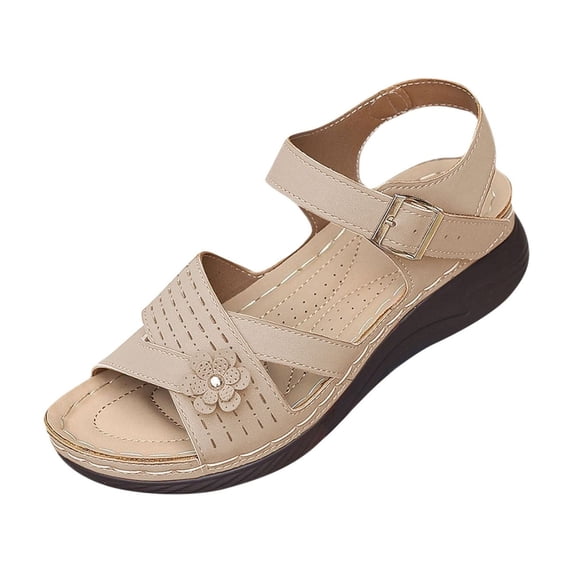 Xfvqtps Wedges for Women Ankle Buckle Straps Arch Support Flower Decor Hollow out Open Toe Soft Sole Comfortable Non Slip Breathable Dressy Beach Casual Summer Walking Sandals Beige
