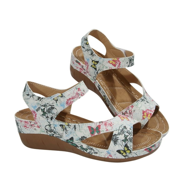 Xfvqtps Wedges for Women Arch Support Hook and Loop Mid Heel Open Toe Printing Soft Sole Comfortable Non Slip Breathable Dressy Beach Casual Summer Walking Sandals Multicolor