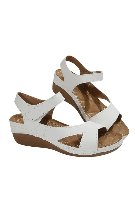 Wedges for Women Arch Support Ankle Hook and Loop Strap Mid Heel Open Toe Solid Color Soft Sole Comfortable Non Slip Breathable Dressy Beach Casual Summer Walking Sandals White