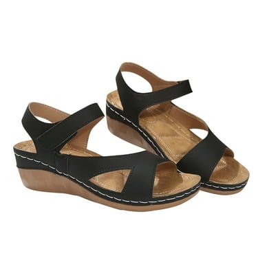 Xfvqtps Wedges for Women Arch Support Ankle Hook and Loop Strap Mid Heel Open Toe Solid Color Soft Sole Comfortable Non Slip Breathable Dressy Beach Casual Summer Walking Sandals Black