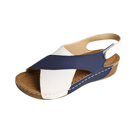 Xfvqtps Wedges for Women Arch Support Slingback Hook and Loop Open Toe Color Block Cross Straps Soft Sole Comfortable Non Slip Breathable Beach Summer Walking Sandals Blue