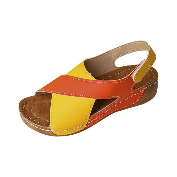 Xfvqtps Wedges for Women Arch Support Slingback Hook and Loop Open Toe Color Block Cross Straps Soft Sole Comfortable Non Slip Breathable Beach Summer Walking Sandals Orange