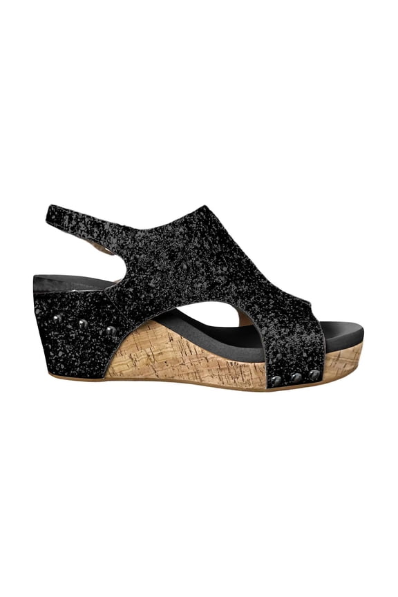 Wedges for Women Clog Flatform Sequin Sparkling Slingback Adjustable Hook and Loop Strap Peep Toe Side Cutout Non Slip Summer Casual Clogs for Women Black