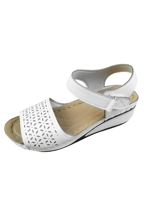 Wedges for Women Ankle Hook and Loop Open Toe Hollow out Arch Support Soft Sole Comfortable Non Slip Breathable Summer Casual Walking Sandals White