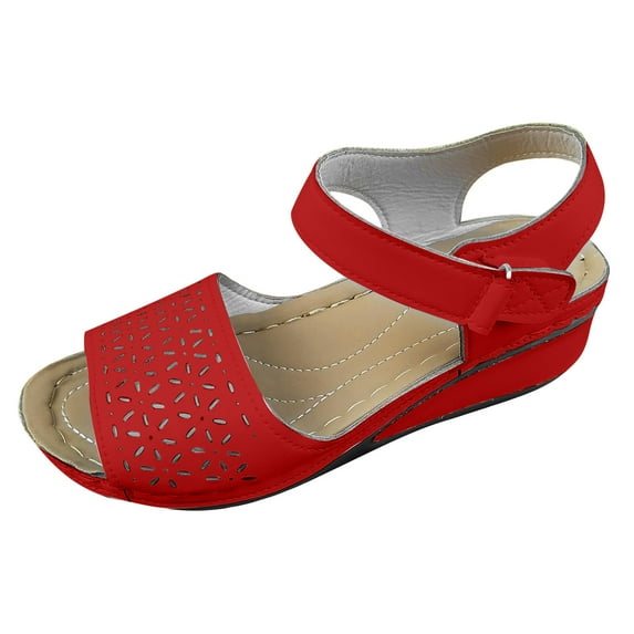 Xfvqtps Wedges for Women Ankle Hook and Loop Open Toe Hollow out Arch Support Soft Sole Comfortable Non Slip Breathable Summer Casual Walking Sandals Red
