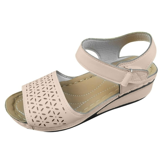 Xfvqtps Wedges for Women Ankle Hook and Loop Open Toe Hollow out Arch Support Soft Sole Comfortable Non Slip Breathable Summer Casual Walking Sandals Beige