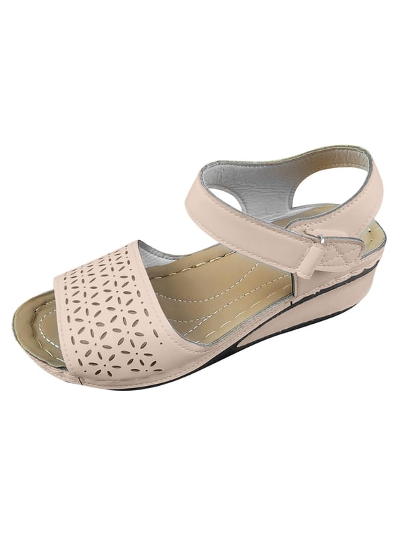 Wedges for Women Ankle Hook and Loop Open Toe Hollow out Arch Support Soft Sole Comfortable Non Slip Breathable Summer Casual Walking Sandals Beige