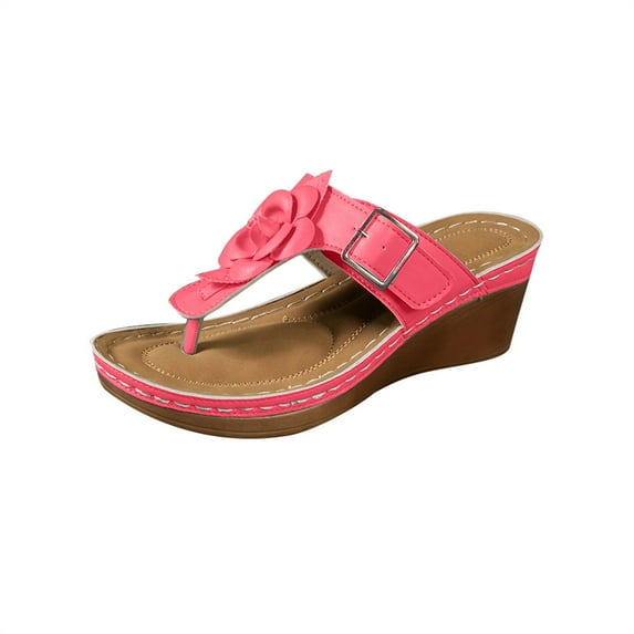 Xfvqtps Wedges for Women Flatform Flip Flops Flower Buckle Decoration Arch Support Soft Sole Comfortable Non Slip Breathable Summer Leather Casual Walking Sandals Hot Pink