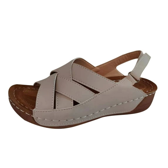 Xfvqtps Wedges for Women Slingback Adjustable Buckle Crisscross Straps Open Toe Arch Support Non Slip Summer Leather Casual Walking Sandals Beige