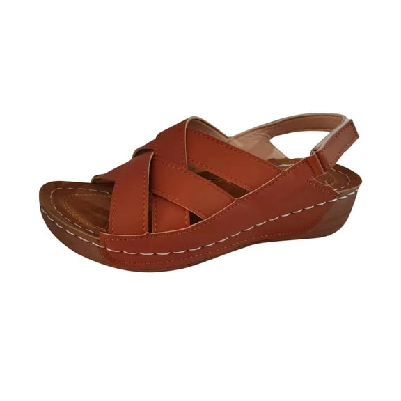 Xfvqtps Wedges for Women Slingback Adjustable Buckle Crisscross Straps Open Toe Arch Support Non Slip Summer Leather Casual Walking Sandals Brown