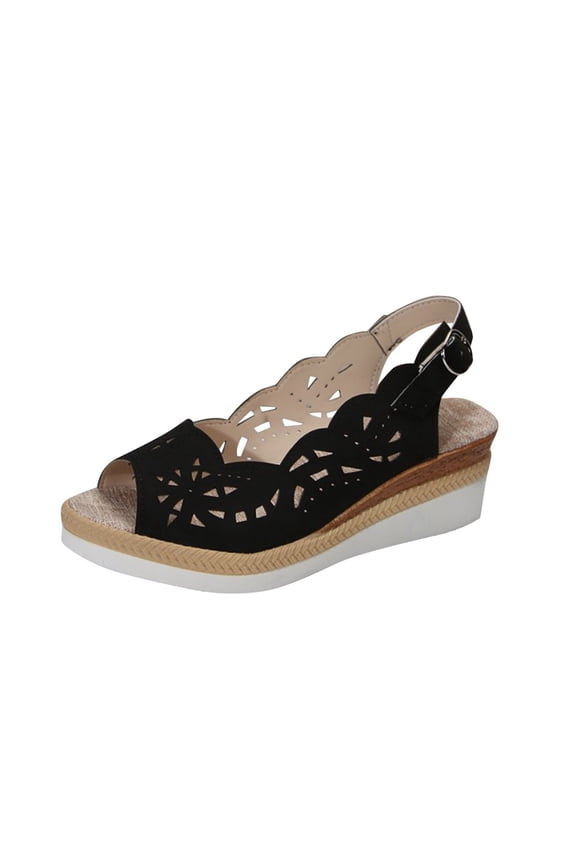Wedges for Women Flatform Slingback Adjustable Buckle Strap Hollow out Flax Insole Peep Toe Solid Color Non Slip Lightweight Summer Casual Espadrilles Black