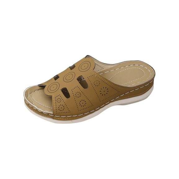Xfvqtps Wedges for Women Slide Arch Support Hollow out Open Toe Soft Sole Comfortable Breathable Lightweight Non Slip Dressy Beach Casual Summer Walking Sandals Brown